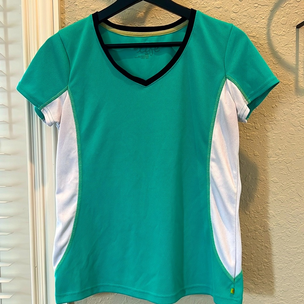Made For Life Green/white w Black Trim V-Neck Athletic Top Sz L